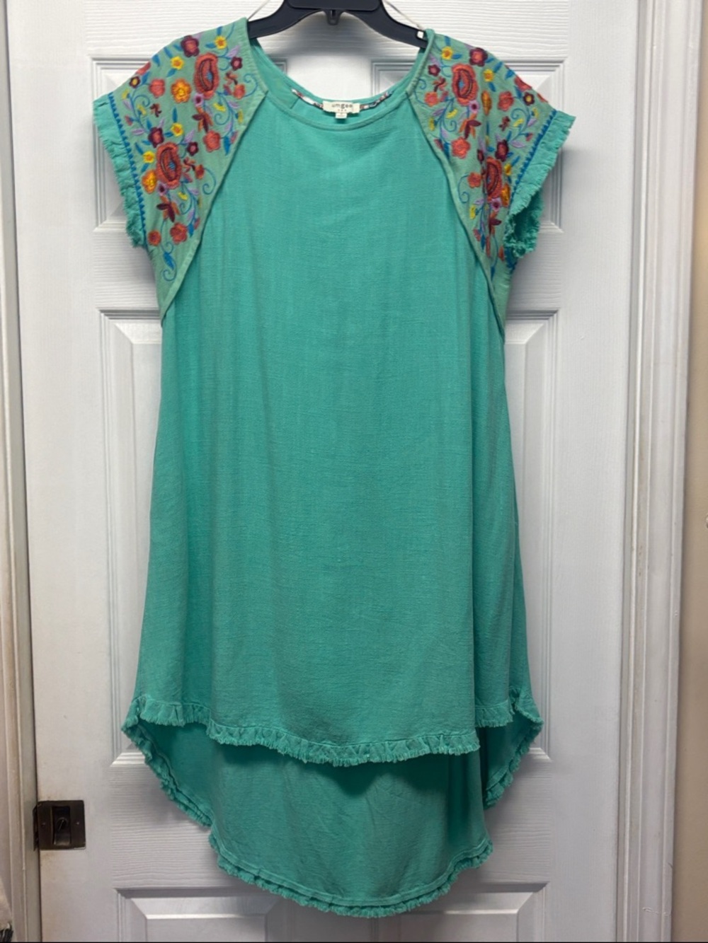 Umgee Turquoise Boho Embroidered Sleeve Dress - Small